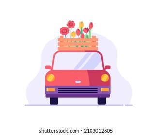 Coche de entrega con caja de flores. Concepto de servicio de entrega de flores, pedido de planta en línea, tienda de flores. Ilustración vectorial diseño plano para banner web, aplicación móvil
