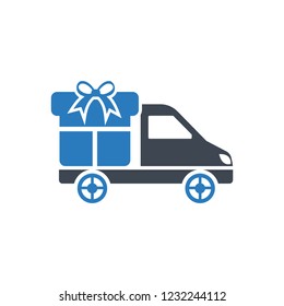 A delivery car with gift box icon - blue