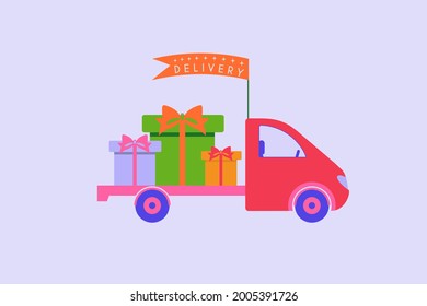 Auto de entrega con cajas de regalo y banner. Concepto de servicio de entrega. Compras, regateo, descuentos, ventas. Ilustración vectorial. Diseño plano.