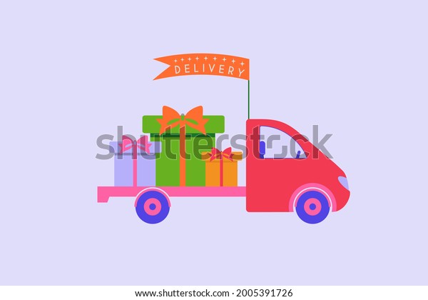 Delivery car with gift boxes and flag banner.\
Delivery service concept. Shopping, bargain, discounts, sales.\
Vector illustration. Flat\
design.