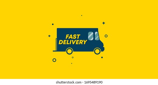 The delivery car goes and the inscription "Fast Delivery 24/7" appears. Animation of a food delivery van on a yellow background