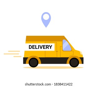 Lieferwagen einzeln auf Flachstil. Liefermaschine einzeln auf Flachstil. Gelbes Auto mit Navigationszeichen. Kurierpakete. Vektorgrafik.