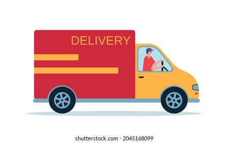 Delivery car with man. Smiling courier into delivery car. Online delivery service concept, online order tracking, delivery home and office. Flat vector illustration isolated on white background.