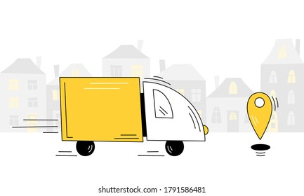 Delivery car, map marker - Shipping service, buy online - City town background - Vector illustration