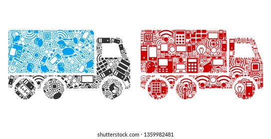 Delivery Car mosaic icons organized for bigdata illustrations. Vector delivery car mosaics are organized from computer, calculator, connections, wi-fi, network icons into abstract illustration.
