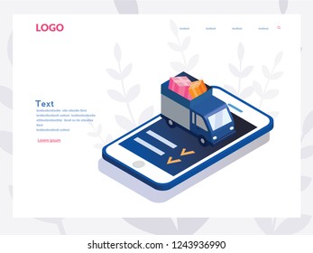 Delivery car on smartphone, mobile apps, online shopping, Concept for web page, banner, presentation, social media, documents, cards, posters. Vector illustration