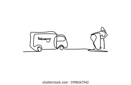 Delivery Car And And Receive Point One Line Art