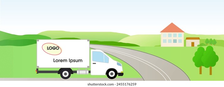 Delivery car, rural landscape, trees, sky, vector drawing. The concept of a delivery banner by car. The inscription on the car body and the logo can be changed.