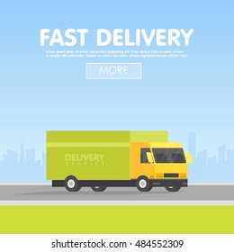 Delivery car and set of cardboard boxes. Vector illustration. Delivery service concept. City Background.