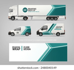 Delivery Car set of Van, Truck mockup with branding and corporate identity layout. Abstract green geometric graphics for business flyer or AD banner.  Brand identity concept. Editable vector template