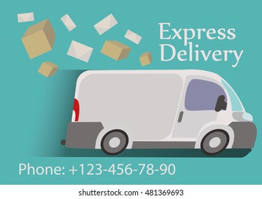 Delivery car with simple text and place for phone number isolated on blue background