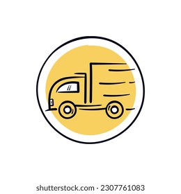 Delivery car truck doodle icon vector illustration. Simple hand drawn line art round logo.