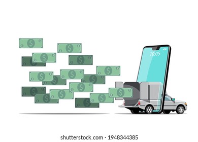 Delivery car truck with order on smartphone application, save money and fast, vector illustration