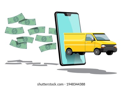 Delivery car truck with order on smartphone application, save money and fast, vector illustration