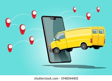 Delivery car truck with order on smartphone application, and checking mark point on map to transport, vector illustration