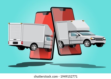 Delivery car truck with order on smartphone application, vector illustration