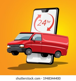 Delivery car truck service 24 hour with order on smartphone application, vector illustration