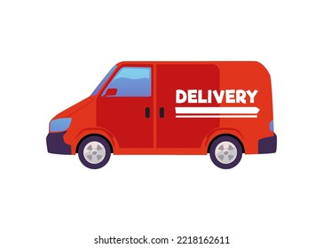 Delivery car or van, flat vector illustration isolated on white background. Concepts of food delivery, catering, post shipping and logistics. Vehicle with delivery text on.