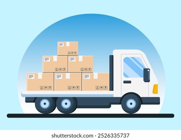 Delivery car vector illustration. Vector illustration of a flat delivery car transporting boxes. Great for delivery service, e-commerce, and logistics designs.