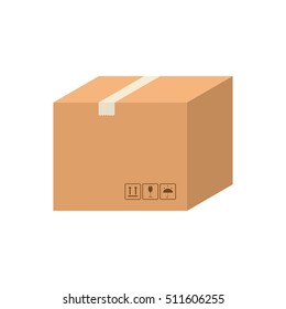 Delivery cardboard box carton vector isolated on white background. Cardboard box pack with handling packing icons. Closed parcel box, package paper box in flat style.