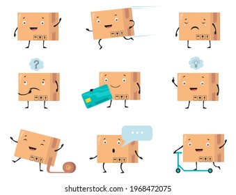 Delivery cardboard box character vector illustrations set. Cartoon delivery box with cute face smiling, holding card, crying, thinking, riding scooter. Delivery, warehouse, packaging concept
