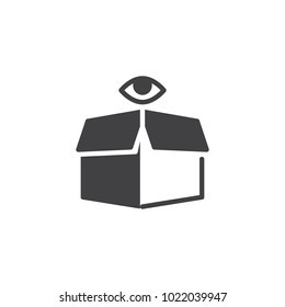 Delivery cardboard box and eye icon vector, filled flat sign, solid pictogram isolated on white. Package tracking symbol, logo illustration.