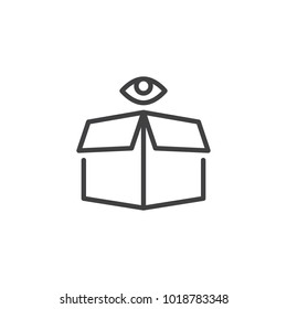Delivery cardboard box and eye line icon, outline vector sign, linear style pictogram isolated on white. Package tracking symbol, logo illustration. Editable stroke