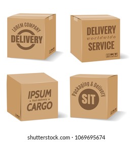 Delivery cardboard boxes. Vector warehouse packaging brown boxes with delivery company logo isolated on white background