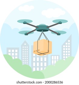 Delivery of cargo by a quadcopter. Smart technologies for delivery service. Сontactless delivery concept.