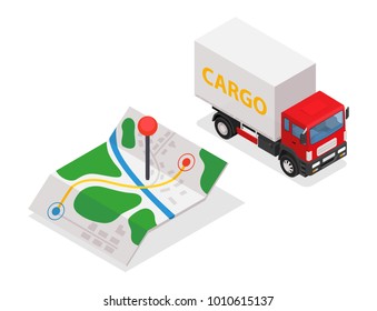 Delivery cargo and map with pins - illustration on white background