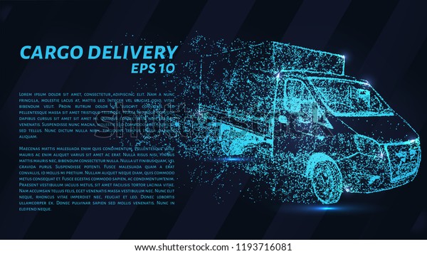 Delivery of cargo from particles on a dark\
background. Delivery of cargo consists of geometric shapes. Vector\
illustration
