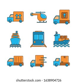 delivery cargo shipping distribution logistic icons set vector illustration line and fill