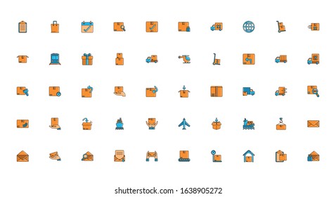 delivery cargo shipping distribution logistic icons set vector illustration line and fill