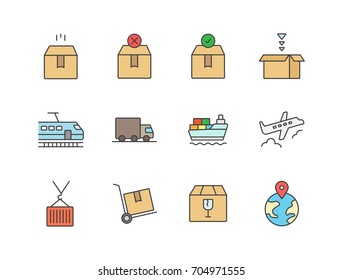 Delivery and cargo shipping related flat colored line icons set.