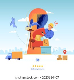 Delivery. Cargo Transportation By Plane And Truck. The Man With The Phone. Moving To A New Home. The Interior Of The Apartment. Keyhole.