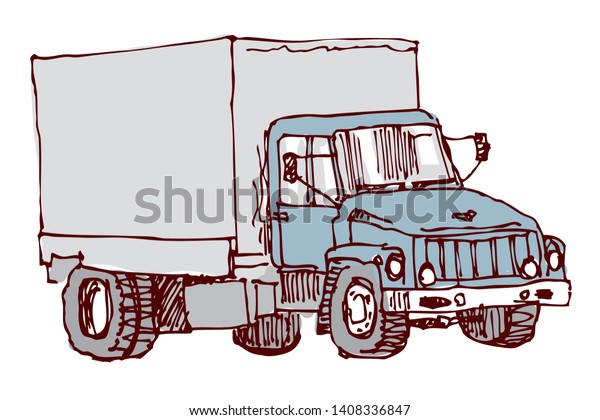 Delivery / Cargo Truck. 70-s 80-s car
style. Hand drawn vector
illustration.