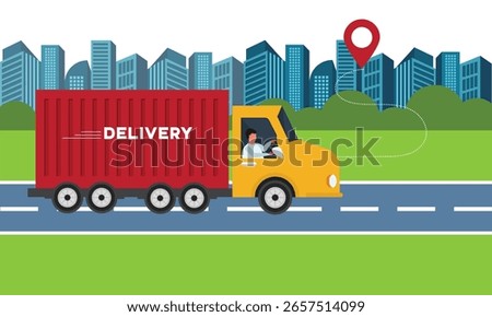 Delivery Cargo truck with driver on the road against the backdrop of a rural landscape