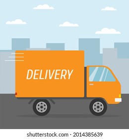 Delivery cargo truck driving in the city. Yellow lorry truck. City background. Delivery service. Flat style design. Isolated vector illustration.