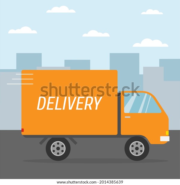Delivery cargo truck driving in the city.\
Yellow lorry truck. City background. Delivery service. Flat style\
design. Isolated vector\
illustration.