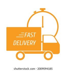 Delivery Cargo Truck And Stop Watch. Lorry Truck. Fast Delivery.  Yellow Icon Design. Isolated Vector Illustration.