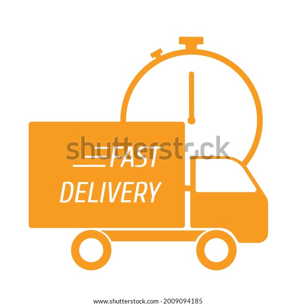 Delivery cargo\
truck and stop watch. Lorry truck. Fast delivery.  Yellow icon\
design. Isolated vector\
illustration.