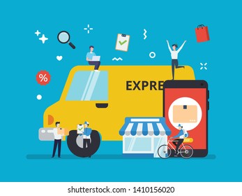 Delivery cargo using a courier, cargo plane, truck, and bike messenger with tiny people illustration.