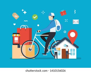 Delivery cargo using a courier, cargo plane, truck, and bike messenger with tiny people illustration.