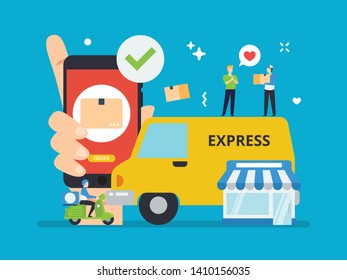 Delivery cargo using a courier, cargo plane, truck, and bike messenger with tiny people illustration.