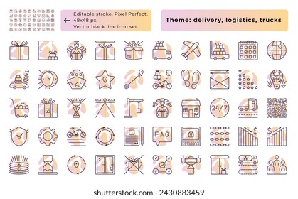 Lieferung und Fracht, Vektor-schwarze Linie-Icon-Set mit Gradientenflecken, 50 Zeichen - 48x48 px (bearbeitbarer Strich, Pixel perfekt) und 300x300 px (nicht bearbeitbarer Strich). Piktogrammebenen haben Titel