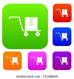 Delivery cart with box set icon color in flat style isolated on white. Collection sings vector illustration