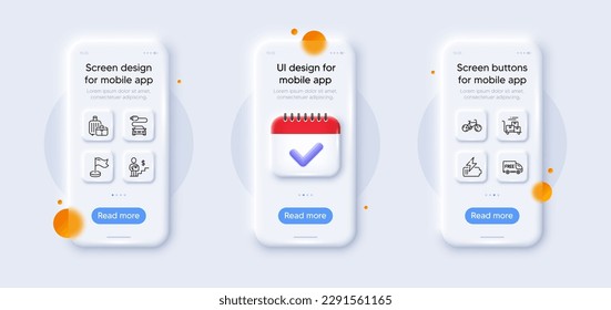 Delivery cart, Free delivery and Milestone line icons pack. 3d phone mockups with calendar. Glass smartphone screen. Baggage, Bicycle, Car charge web icon. Battery pictogram. Vector