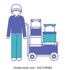 delivery cart handle with pile boxes and courier