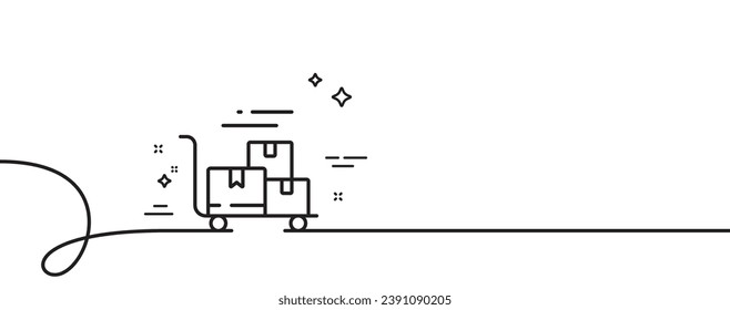 Icono de línea de carro de entrega. Una línea continua con curl. Señal de tranvía de paquete. Símbolo de servicio rápido. Cinta de contorno simple del carrito de entrega. Patrón de curva de bucle. Vector