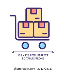 Delivery cart pixel perfect RGB color icon. Warehouse equipment. Parcels and goods transportation. Storage. Isolated vector illustration. Simple filled line drawing. Editable stroke. Arial font used